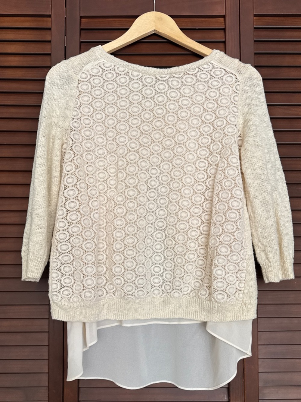 Lucky Brand Ivory Crochet Layered Crew Neck Raglan 3/4 Sleeves Sweater Women’s S